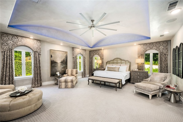 bedroom featuring carpet flooring, french doors, vaulted ceiling, and ceiling fan