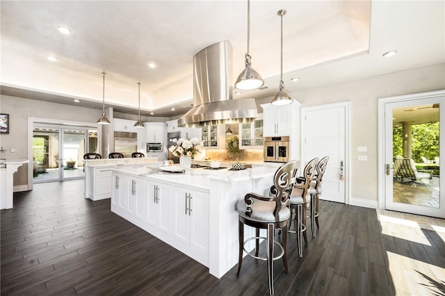 kitchen featuring island exhaust hood, pendant lighting, white cabinetry, and a large island