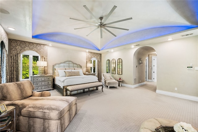 carpeted bedroom featuring ceiling fan