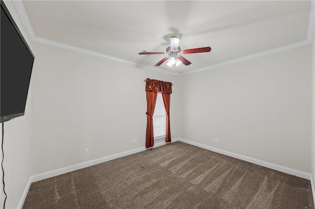 unfurnished room with ceiling fan, ornamental molding, and carpet floors