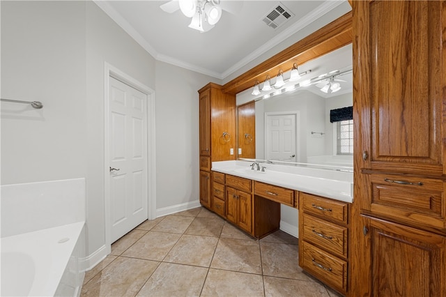 bathroom featuring tile patterned floors, crown molding, ceiling fan, and a bath