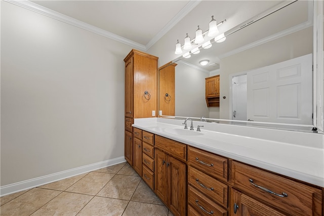 bathroom featuring tile patterned flooring, vanity, and ornamental molding