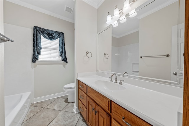 bathroom featuring tile patterned floors, crown molding, vanity, and toilet