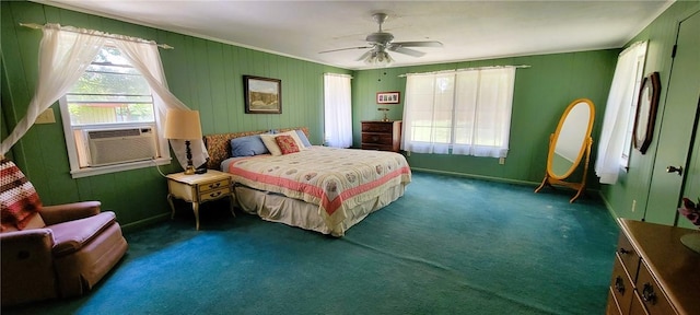 carpeted bedroom featuring ceiling fan, cooling unit, and a closet