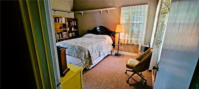 bedroom featuring radiator and carpet