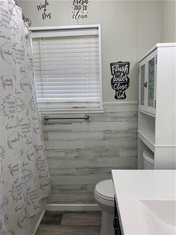 bathroom featuring toilet, a shower with curtain, hardwood / wood-style flooring, and vanity