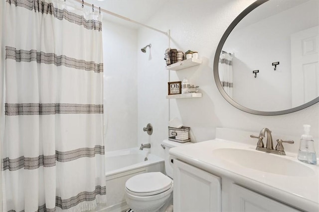 full bathroom with shower / bath combination with curtain, toilet, and vanity