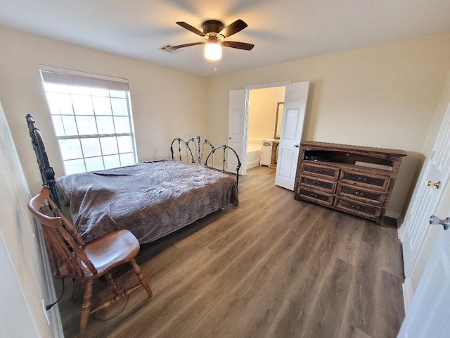 bedroom with wood-type flooring and ceiling fan