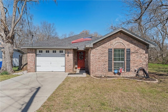 single story home featuring a garage, concrete driveway, roof with shingles, a front lawn, and brick siding