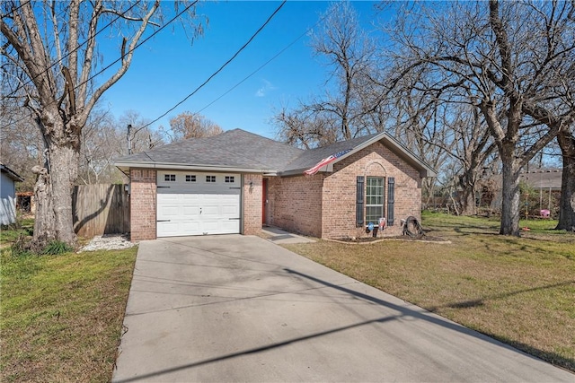 single story home featuring brick siding, concrete driveway, a front yard, fence, and a garage