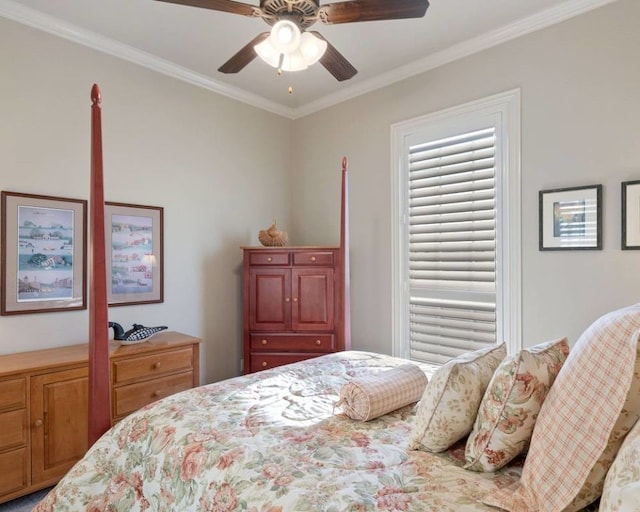 bedroom with crown molding and ceiling fan