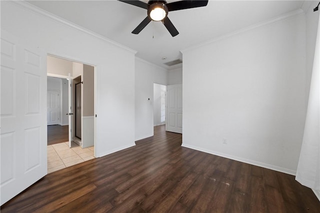 interior space featuring hardwood / wood-style flooring, ceiling fan, and ornamental molding