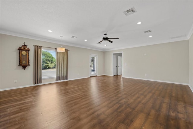 unfurnished room with dark hardwood / wood-style floors, ceiling fan, and ornamental molding