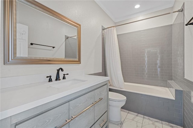 full bathroom with toilet, shower / tub combo with curtain, vanity, and ornamental molding