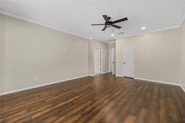 unfurnished room featuring dark hardwood / wood-style floors, ceiling fan, and crown molding