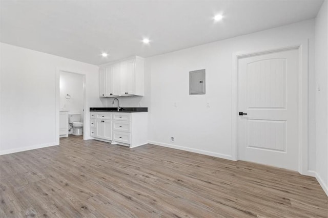 interior space with sink, electric panel, and light hardwood / wood-style floors