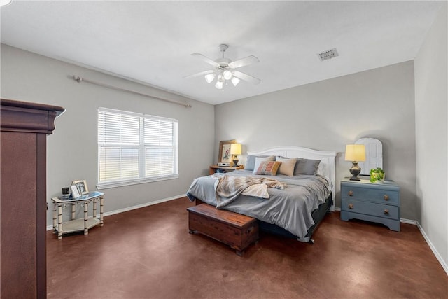 bedroom featuring finished concrete flooring, ceiling fan, visible vents, and baseboards