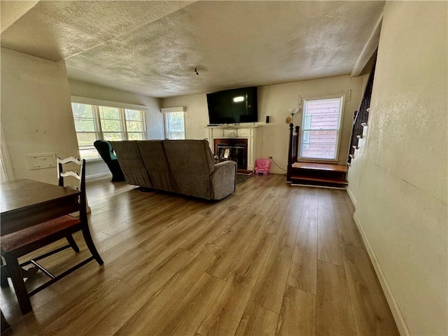 living room with a textured ceiling and light hardwood / wood-style flooring