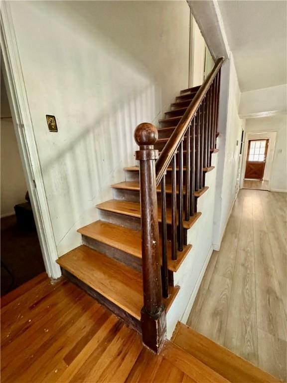 staircase featuring wood-type flooring