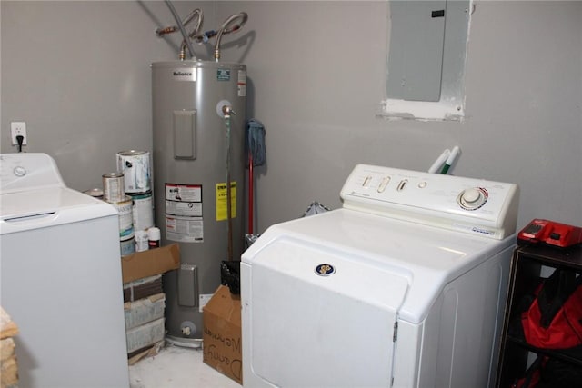 laundry area with washer and dryer, electric water heater, and electric panel