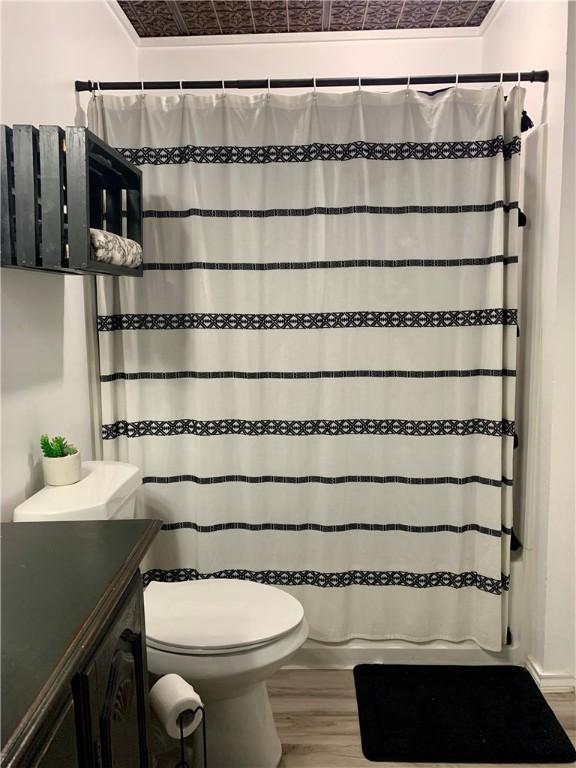 full bath featuring vanity, toilet, a shower with shower curtain, and wood finished floors