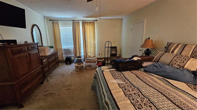 carpeted bedroom featuring a textured ceiling, ceiling fan, and cooling unit