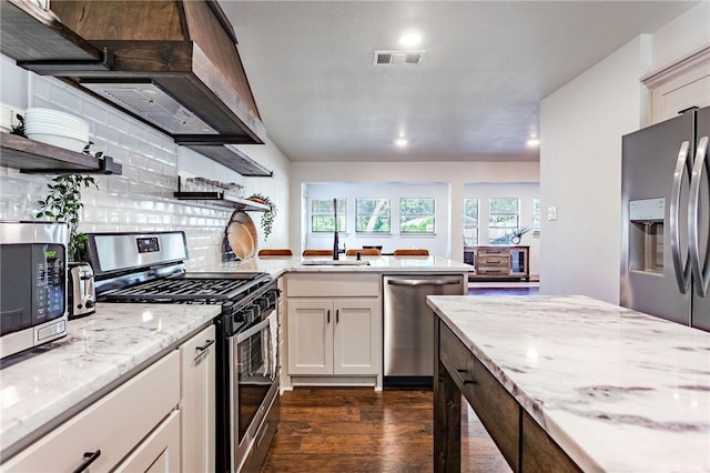 kitchen featuring tasteful backsplash, light stone countertops, dark wood-type flooring, and stainless steel appliances