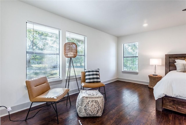 bedroom featuring dark hardwood / wood-style floors and multiple windows