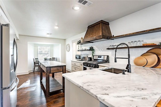 kitchen featuring premium range hood, sink, dark hardwood / wood-style floors, light stone countertops, and stainless steel appliances