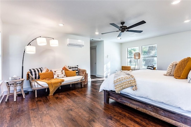 bedroom featuring ceiling fan, dark hardwood / wood-style flooring, and a wall mounted air conditioner