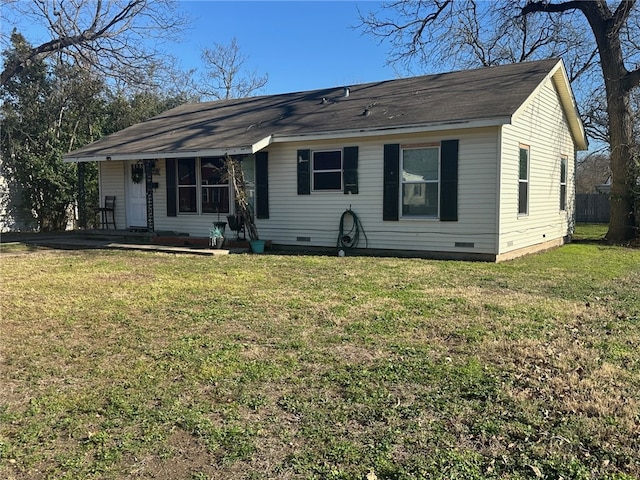 single story home featuring a front lawn, covered porch, and crawl space