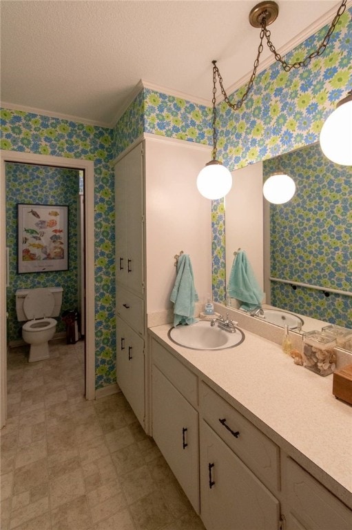 bathroom with toilet, vanity, a textured ceiling, and ornamental molding