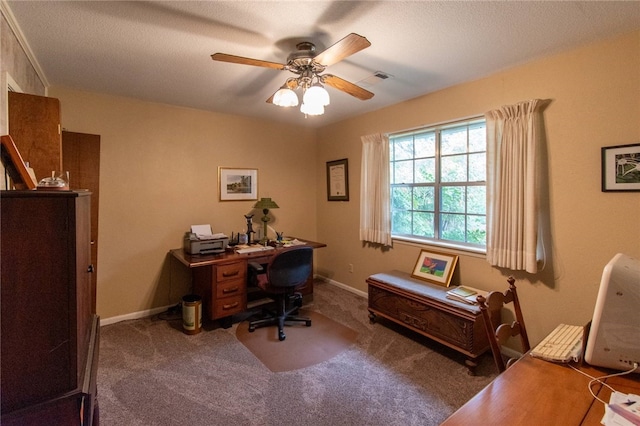 carpeted office space with ceiling fan