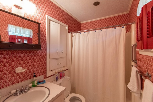 bathroom with walk in shower, ornamental molding, vanity, a textured ceiling, and toilet