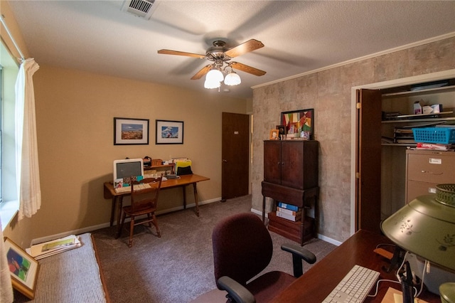 office with carpet floors, ceiling fan, and ornamental molding