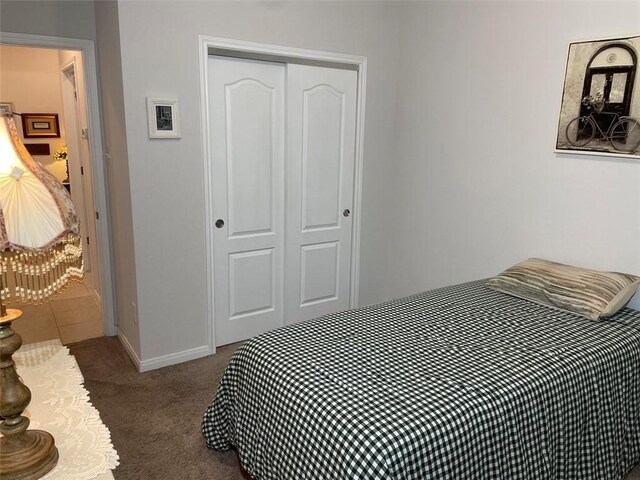 bedroom featuring carpet and a closet