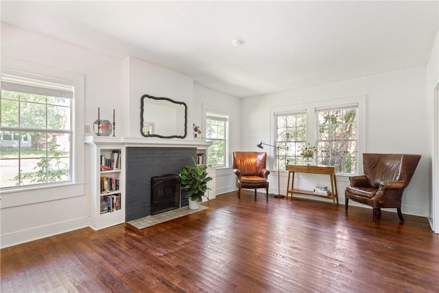 living area featuring a fireplace, a wealth of natural light, and dark hardwood / wood-style flooring