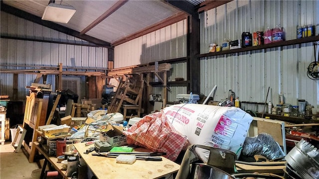 garage with a workshop area