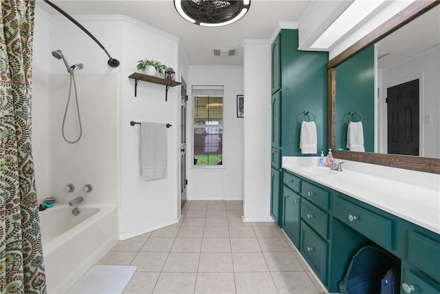 bathroom featuring vanity, tile patterned floors, crown molding, and  shower combination