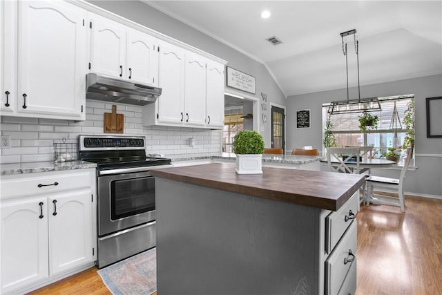 kitchen featuring white cabinetry, stainless steel electric range oven, and butcher block countertops