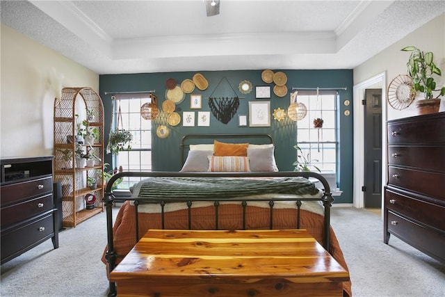 carpeted bedroom with ornamental molding, a raised ceiling, and a textured ceiling