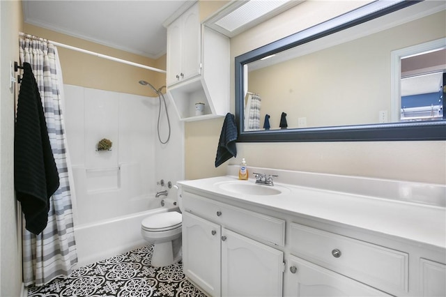 full bathroom featuring vanity, shower / bath combo, toilet, crown molding, and tile patterned floors