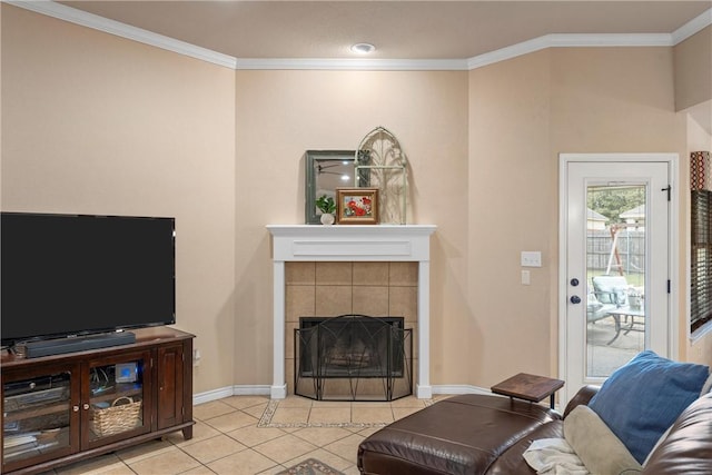 living room with light tile patterned flooring, ornamental molding, and a fireplace