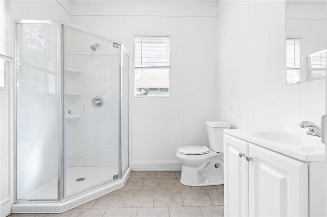 bathroom with tile patterned floors, vanity, an enclosed shower, and toilet