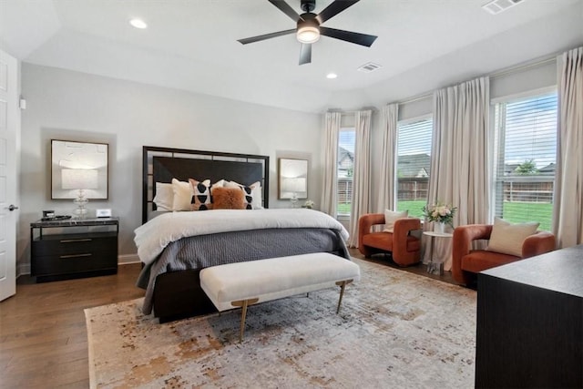 bedroom featuring ceiling fan and wood-type flooring