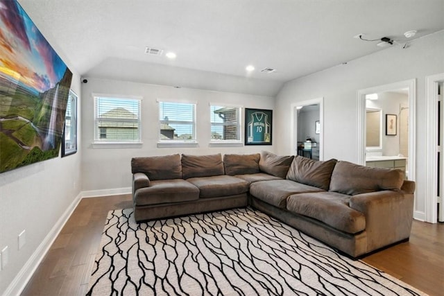 living room featuring wood-type flooring and lofted ceiling