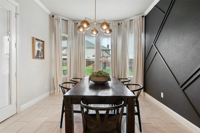 dining space featuring light tile patterned floors and a chandelier