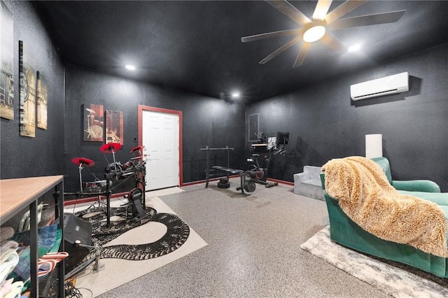 recreation room featuring recessed lighting, a ceiling fan, and a wall mounted air conditioner