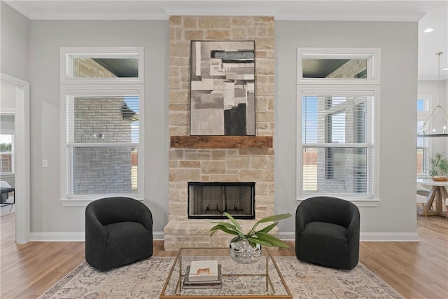 living room featuring hardwood / wood-style flooring, a stone fireplace, and a wealth of natural light