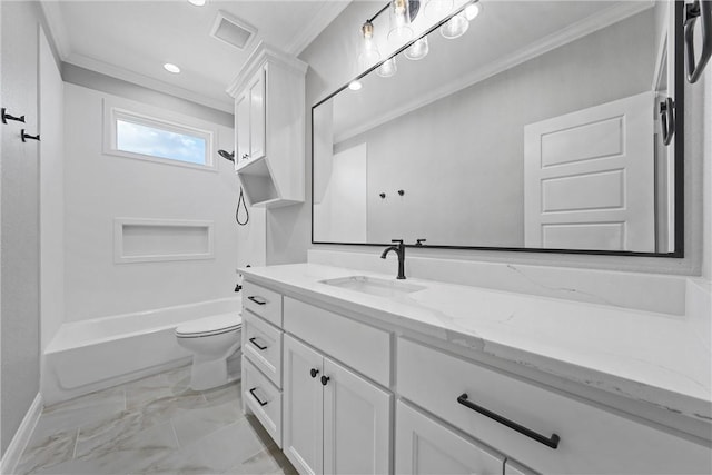 full bathroom featuring shower / tub combination, toilet, and ornamental molding